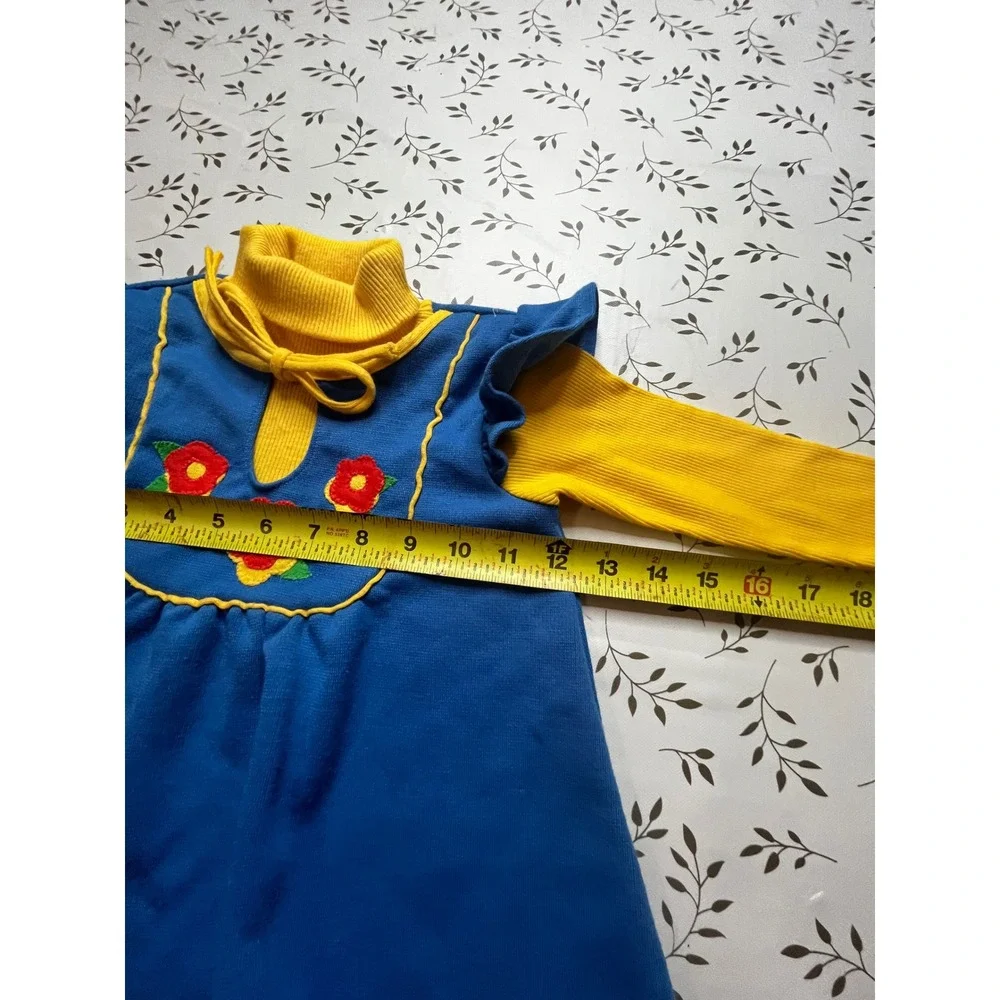 Vintage rare 70s Carters Girls 5 Blue Yellow Floral Ruffle Knit shirt mock neck